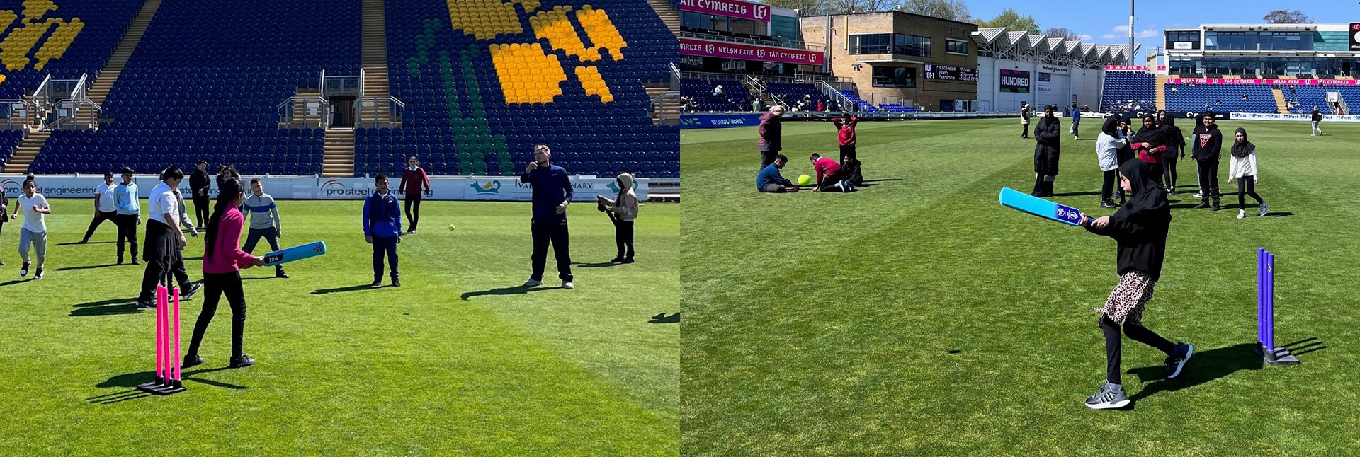 Young disabled people take part in cricket activities outdoors on the pitch at Sophia Gardens