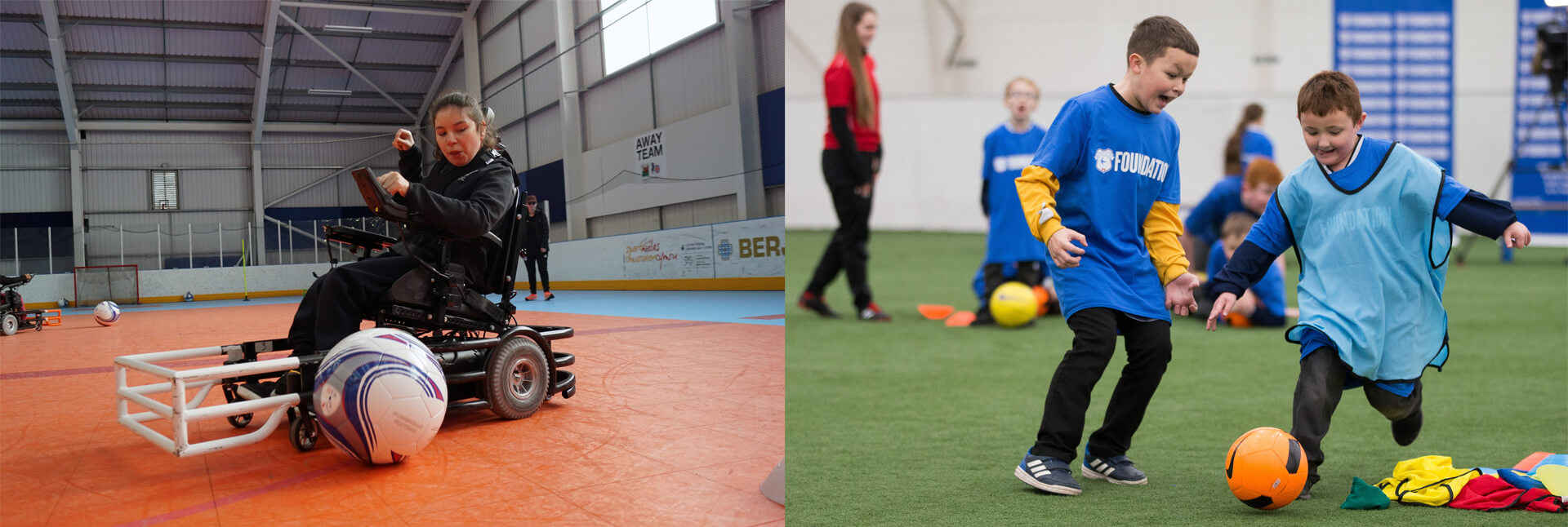 A young girl plays Powerchair football, and two boys play running football
