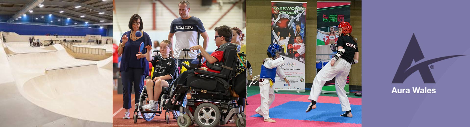 Montage. Disability skatepark, a manual chair user and a powerchair user playing boccia, a coach shows a young girl how to do taekwondo.